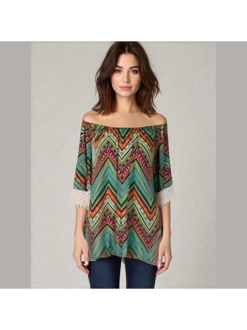 WINWIN Off Shoulder Half Sleeve Top Lace Trim